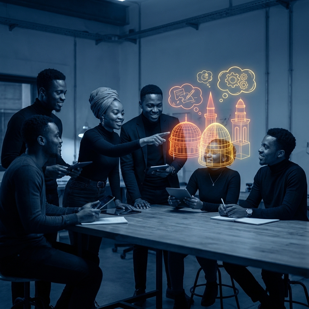 Youth collaborating with neon imagination